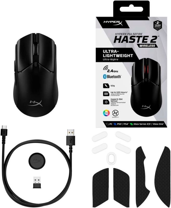 Мишь HyperX Pulsefire Haste 2, RGB, USB-A/WL/BT, черный