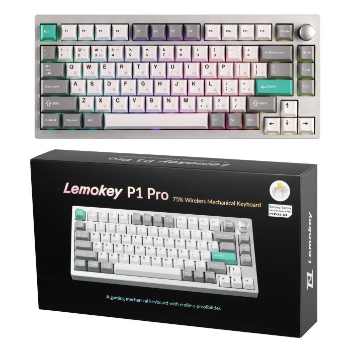 Клавіатура механічна Lemokey  P1 Pro 84Key, Keychron Super Banana, WL/BT/USB-A, QMK/VIA, Hot-Swap, EN/UKR, RGB,  Knob, Space Silver