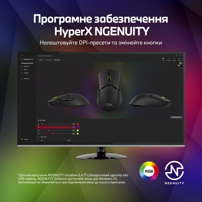 Мишь HyperX Pulsefire SAGA PRO, RGB, USB-A/WL/BT, черный