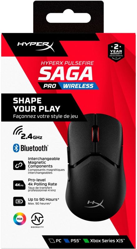 Мишь HyperX Pulsefire SAGA PRO, RGB, USB-A/WL/BT, черный