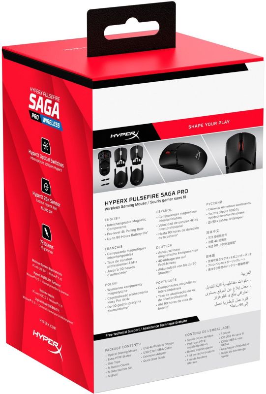 Мишь HyperX Pulsefire SAGA PRO, RGB, USB-A/WL/BT, черный