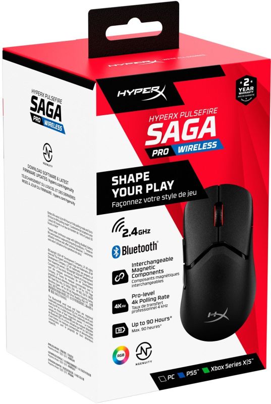 Мишь HyperX Pulsefire SAGA PRO, RGB, USB-A/WL/BT, черный