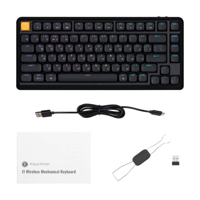 Клавіатура механічна Keychron J1 82Key, K pro Red, WL/BT/USB-A, QMK, Hot-swap, EN/UKR, RGB, чорний