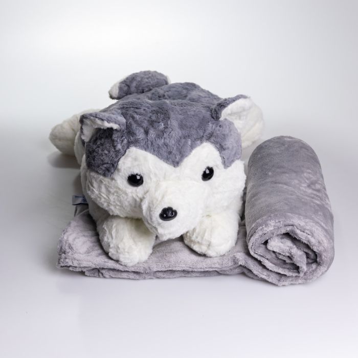 М'яка іграшка-плед, подушка 3 в 1 Хаскі плед в іграшці 50×30×26 (см) Сірий 7124G