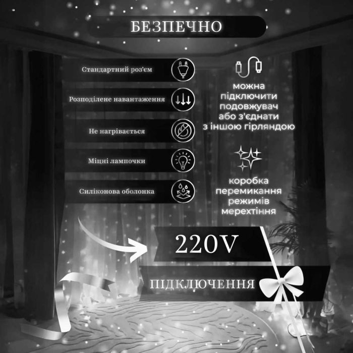 Гірлянда штора 2х2 м 240 LED світлодіодна мідний провід 8 ниток Білий ZWM2240LEDW