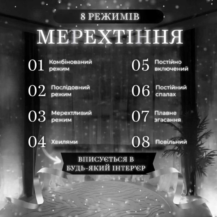 Гірлянда штора 2х2 м 240 LED світлодіодна мідний провід 8 ниток Білий ZWM2240LEDW